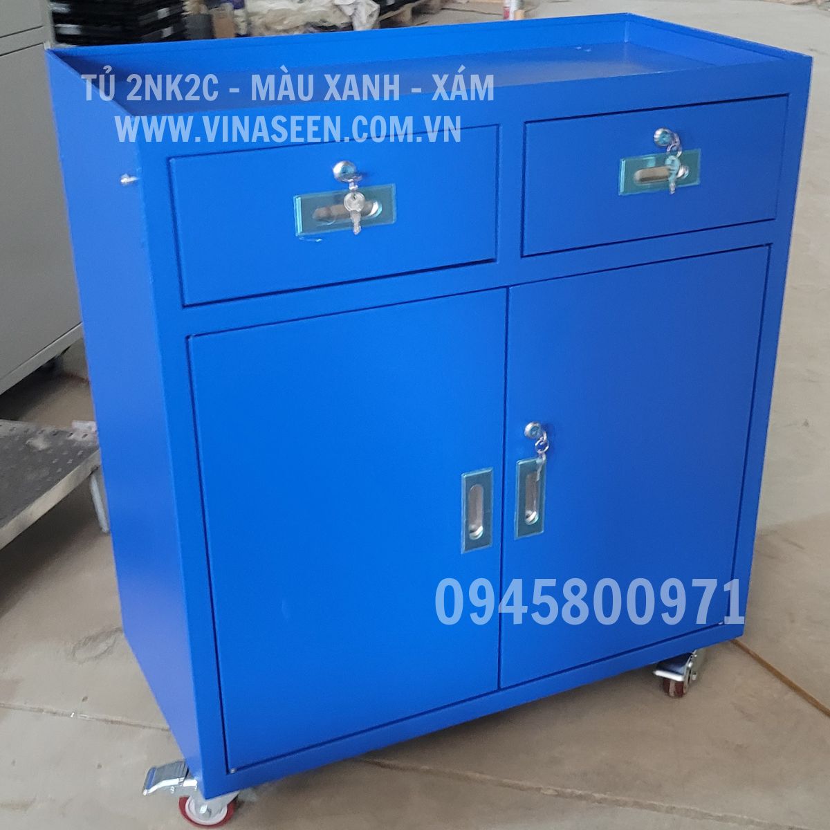 Tủ đựng dụng cụ đồ nghề 2 ngăn kéo 2 cánh, có bánh xe di chuyển, màu xanh - ghi xám
