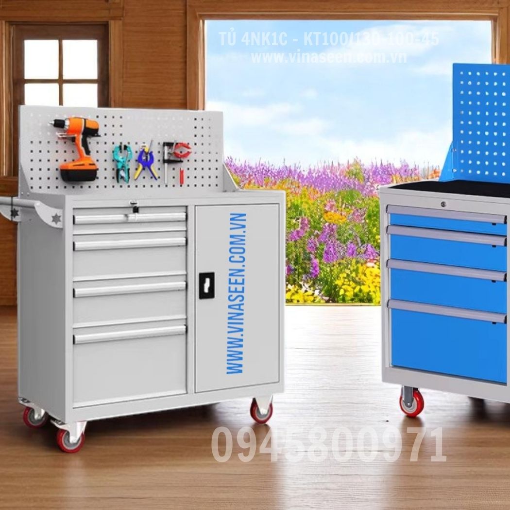 Tủ đựng dụng cụ đồ nghề 4 ngăn kéo 1 cánh, có vách treo dụng cụ và có bánh xe di chuyển.