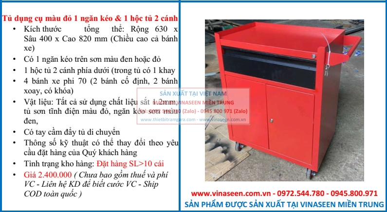 Tủ đựng dụng cụ đồ nghề 1 ngăn kéo & 1 hộc tủ 2 cánh