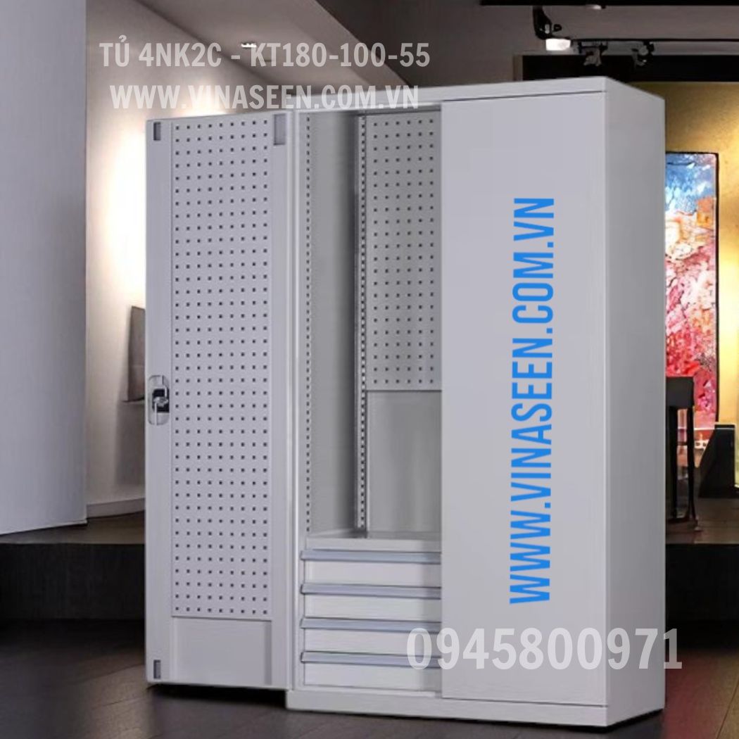 Tủ đựng dụng cụ đồ nghề 4 ngăn kéo 2 cánh, màu xanh - xám, đặt cố định.