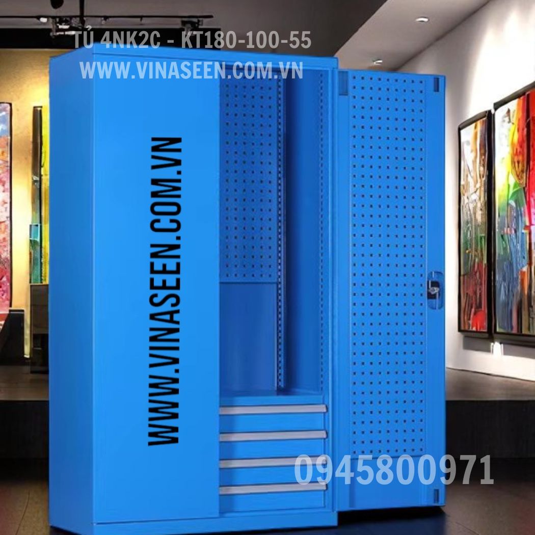 Tủ đựng dụng cụ đồ nghề 4 ngăn kéo 2 cánh, màu xanh - xám, đặt cố định.