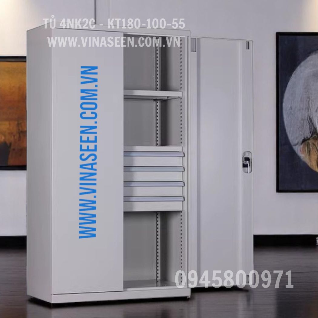 Tủ đựng dụng cụ đồ nghề 4 ngăn kéo 2 cánh, màu xám - xanh, đặt cố định.