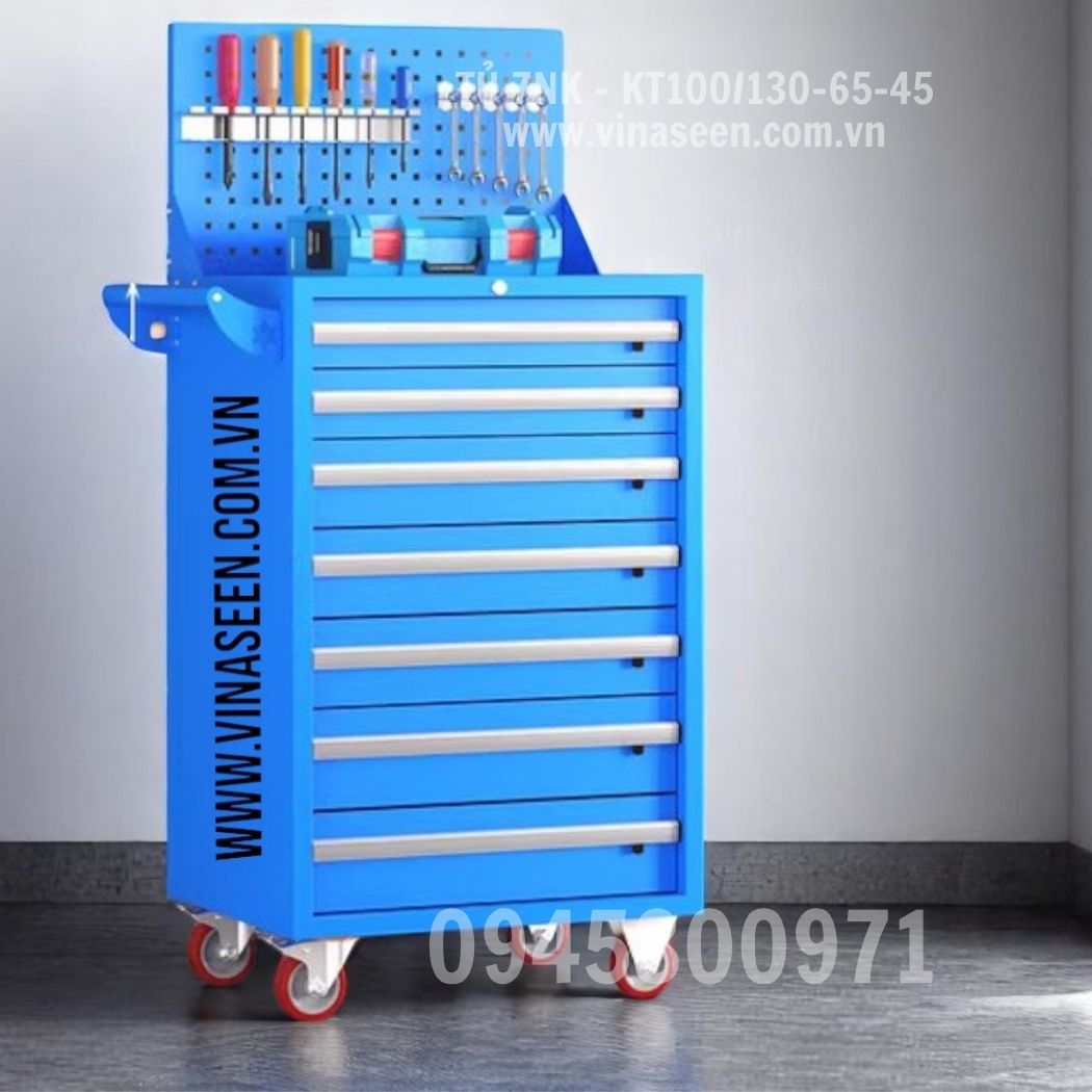 Tủ đựng dụng cụ đồ nghề 7 ngăn kéo, có vách treo dụng cụ và bánh xe di chuyển.