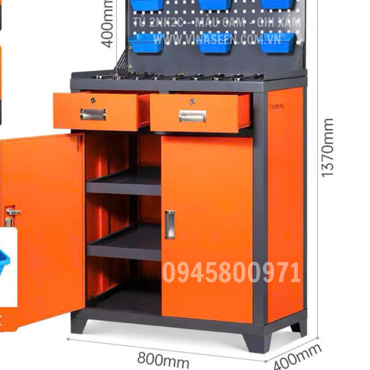 Tủ đựng dụng cụ đồ nghề 2 ngăn kéo 2 cánh, có vách treo dụng cụ, đặt cố định