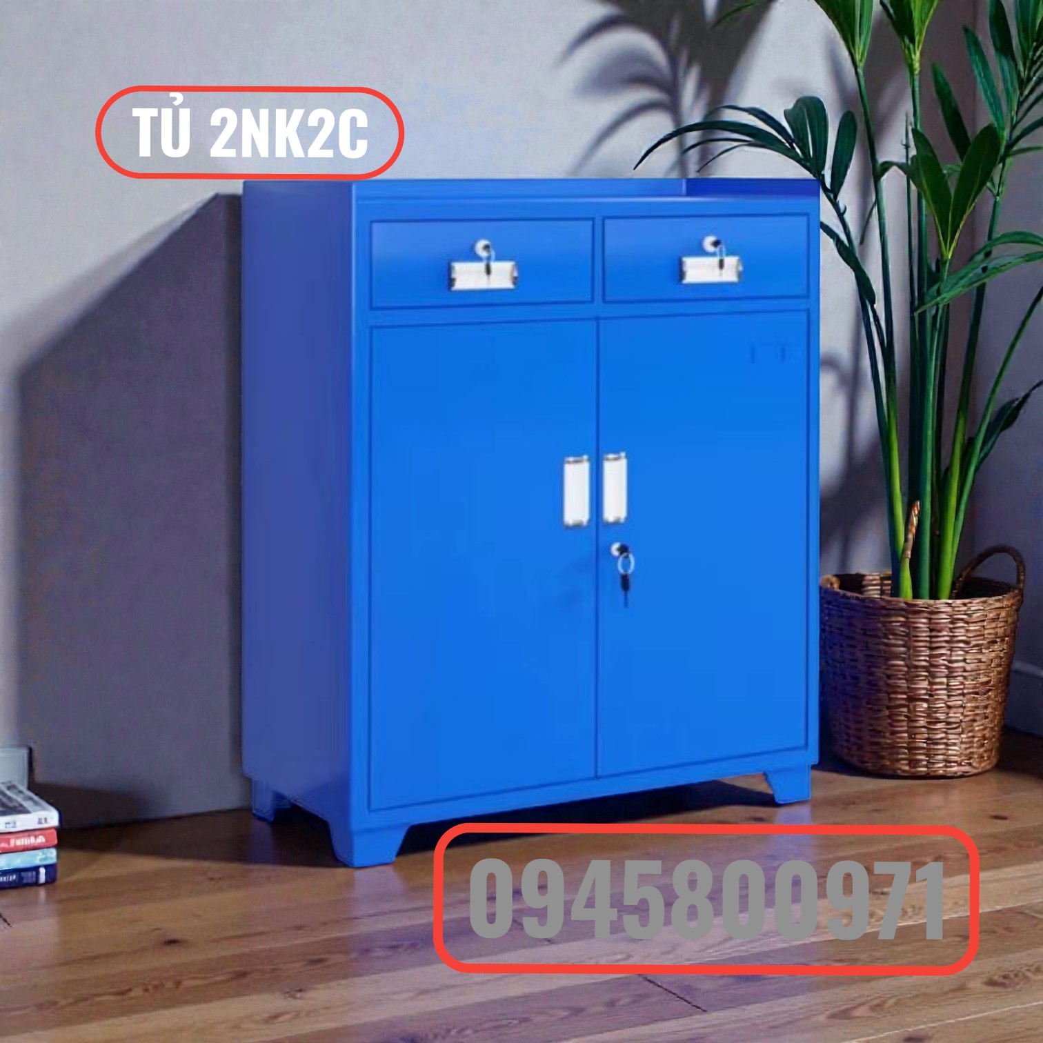 Tủ đựng dụng cụ đồ nghề 2 ngăn kéo 2 cánh, màu xanh, đặt cố định.
