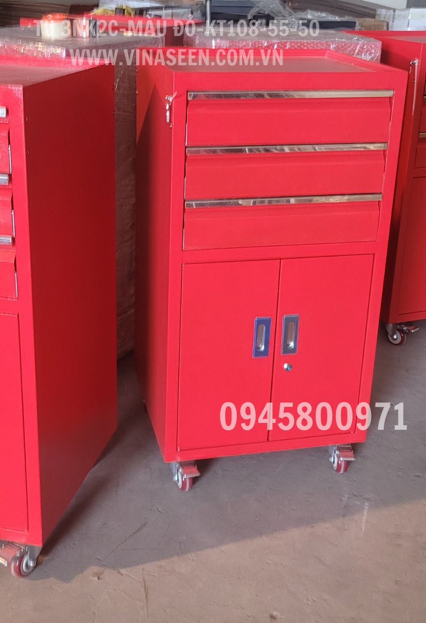 Tủ đựng dụng cụ đồ nghề 3 ngăn kéo 2 cánh, có bánh xe di chuyển, màu đỏ