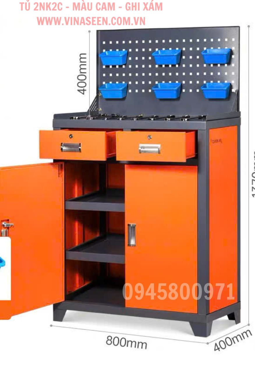 Tủ đựng dụng cụ đồ nghề 2 ngăn kéo 2 cánh, có vách treo dụng cụ, đặt cố định