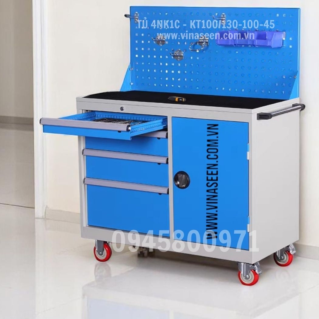 Tủ đựng dụng cụ đồ nghề 4 ngăn kéo 1 cánh, có vách treo dụng cụ và có bánh xe di chuyển.