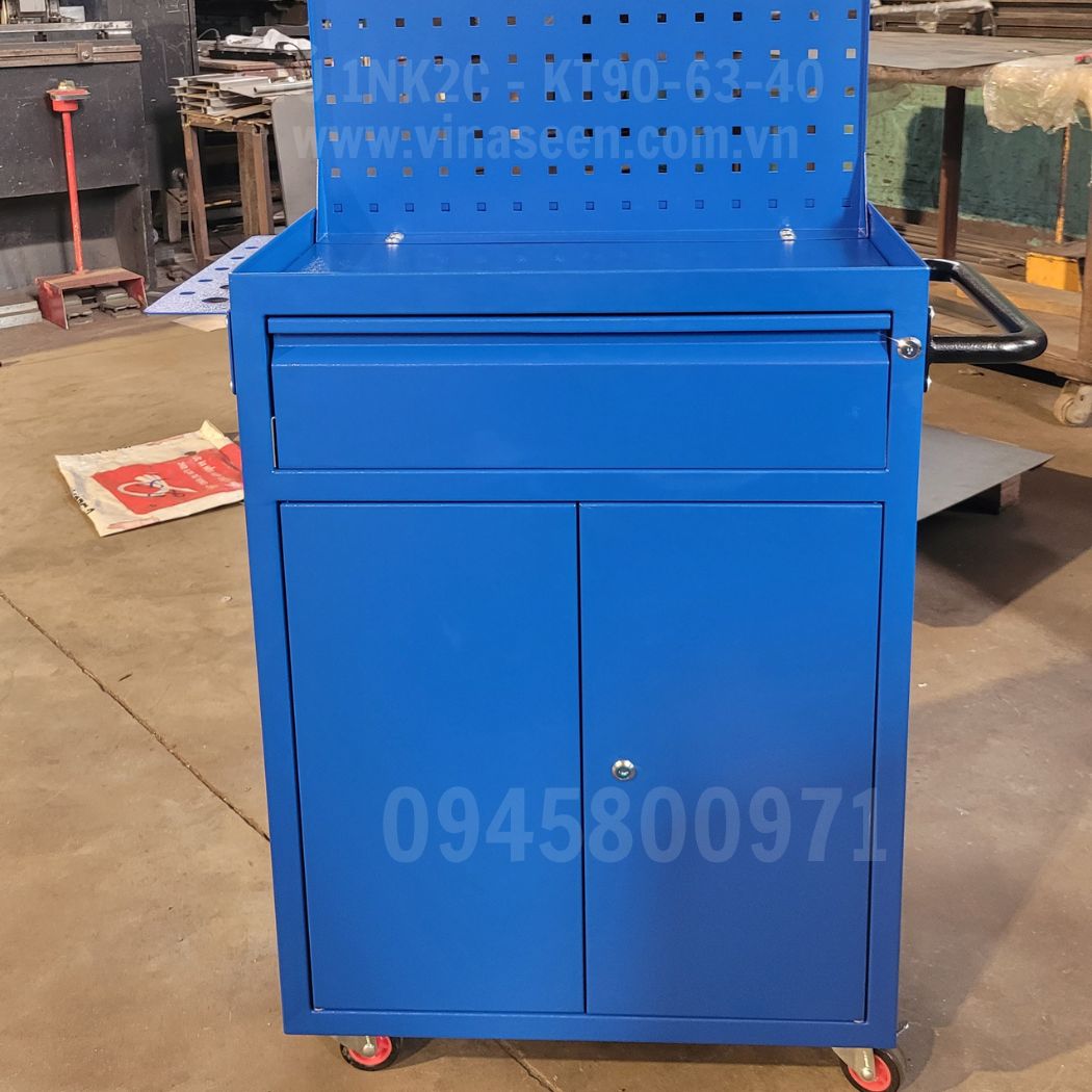 Tủ đựng dụng cụ đồ nghề 1 ngăn kéo 2 cánh, màu xanh, có vách treo dụng cụ.