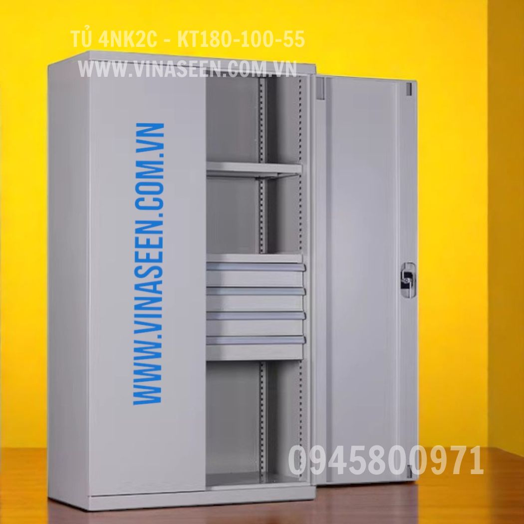 Tủ đựng dụng cụ đồ nghề 4 ngăn kéo 2 cánh, màu xám - xanh, đặt cố định.