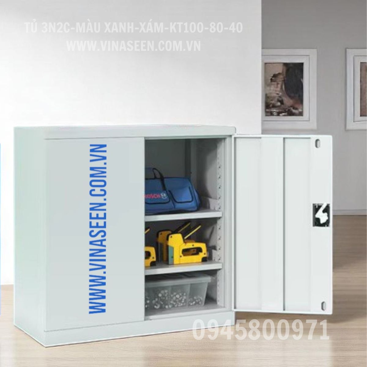 Tủ đựng dụng cụ đồ nghề 3 ngăn kéo 2 cánh, màu xanh - xám, đặt cố định.