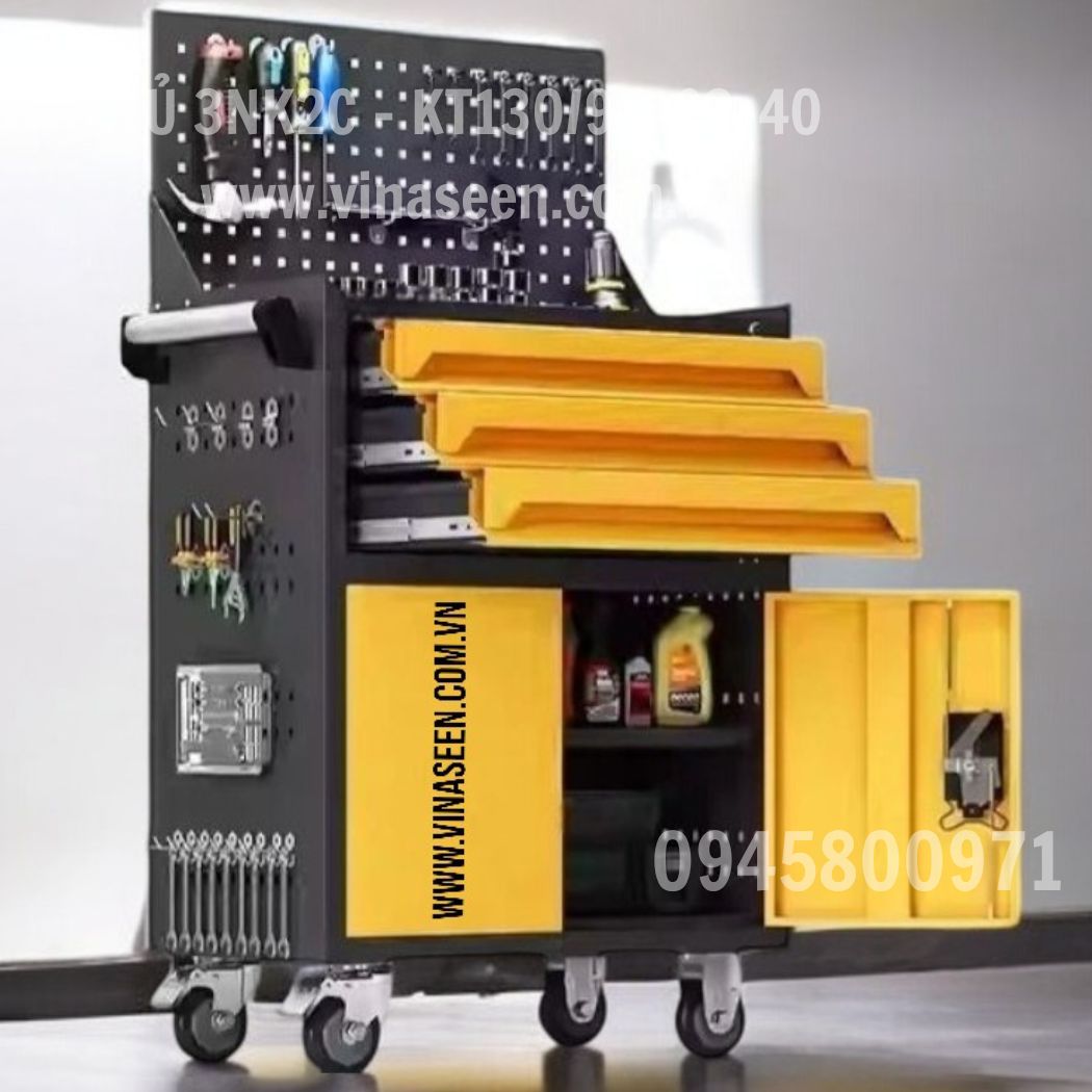 Tủ đựng dụng cụ đồ nghề 3 ngăn kéo 2 cánh, có vách treo dụng cụ.