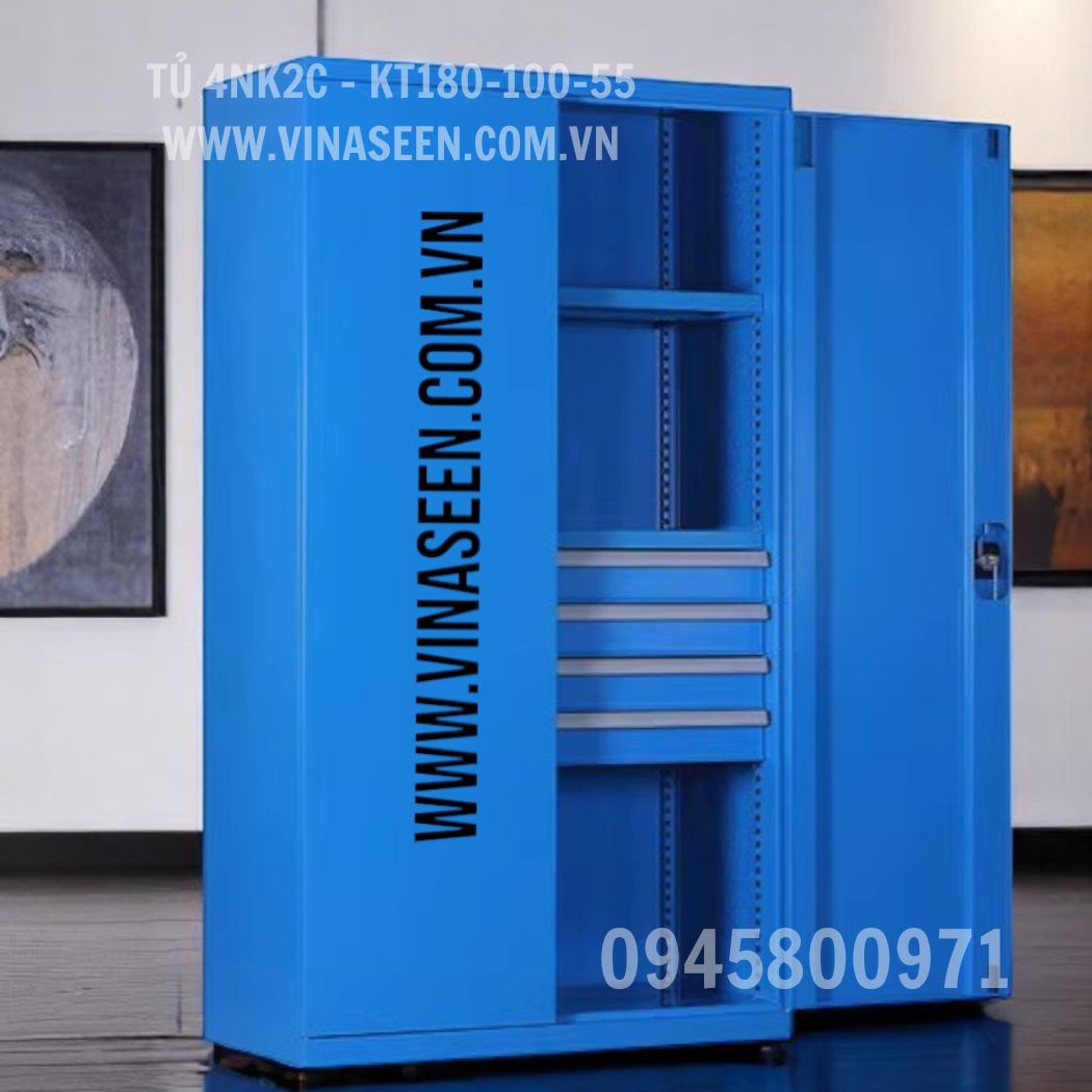 Tủ đựng dụng cụ đồ nghề 4 ngăn kéo 2 cánh, màu xám - xanh, đặt cố định.