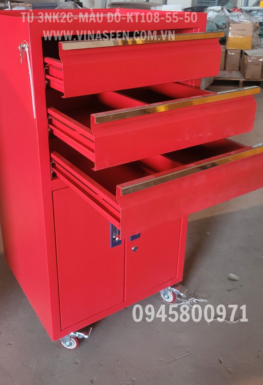 Tủ đựng dụng cụ đồ nghề 3 ngăn kéo 2 cánh, có bánh xe di chuyển, màu đỏ