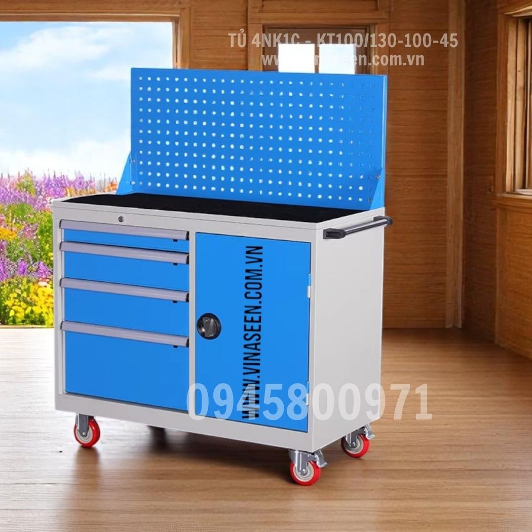 Tủ đựng dụng cụ đồ nghề 4 ngăn kéo 1 cánh, có vách treo dụng cụ và có bánh xe di chuyển.