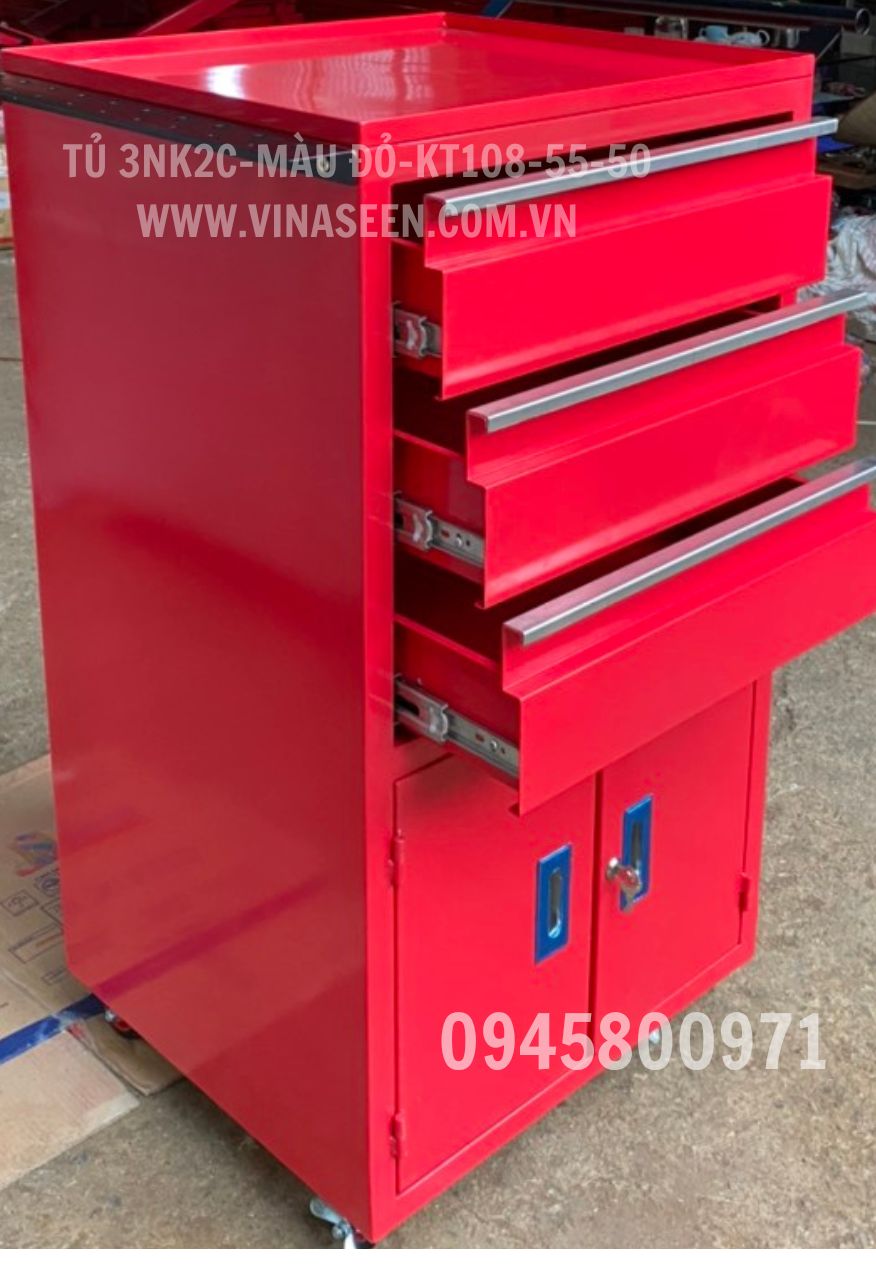 Tủ đựng dụng cụ đồ nghề 3 ngăn kéo 2 cánh, có bánh xe di chuyển, màu đỏ