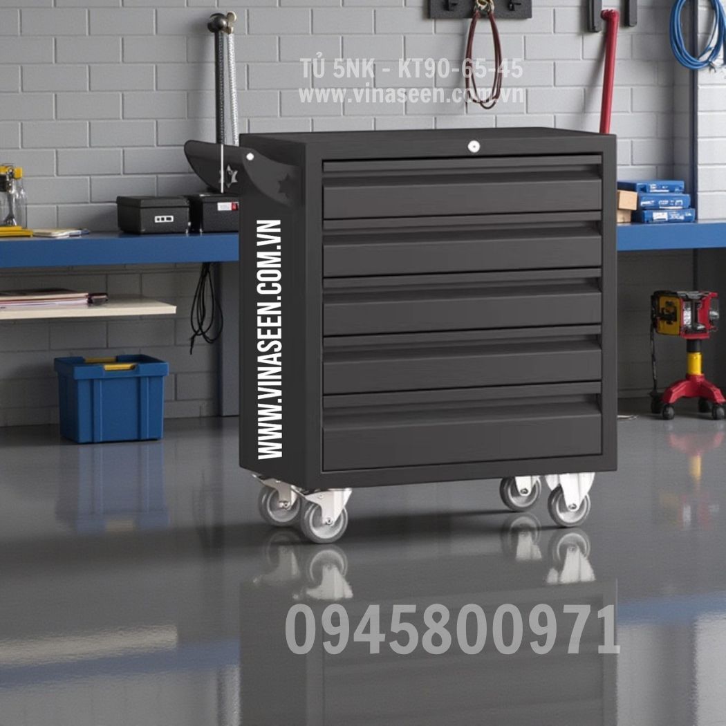 Tủ đựng dụng cụ đồ nghề 5 ngăn kéo, có bánh xe di chuyển.