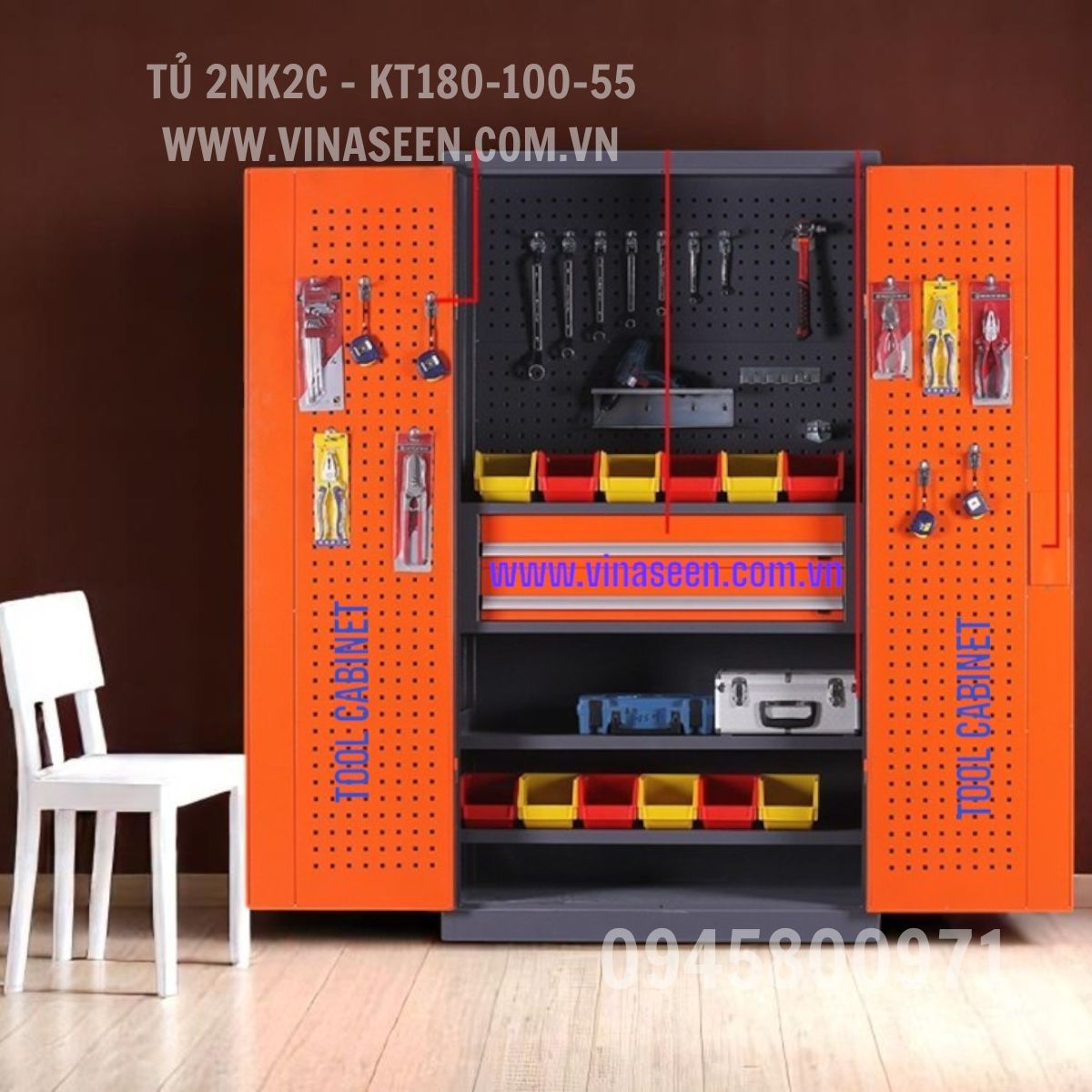 Tủ đựng dụng cụ đồ nghề 2 ngăn kéo 2 cánh, đặt cố định.