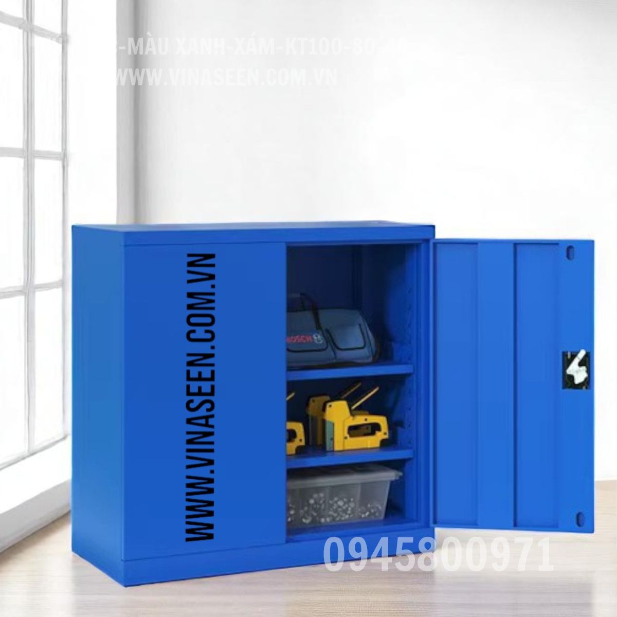Tủ đựng dụng cụ đồ nghề 3 ngăn kéo 2 cánh, màu xanh - xám, đặt cố định.