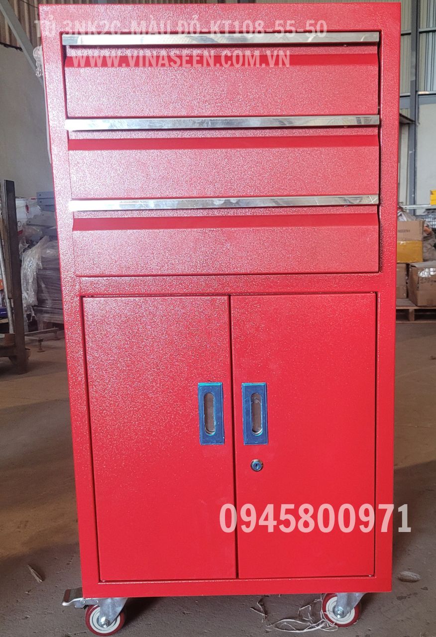 Tủ đựng dụng cụ đồ nghề 3 ngăn kéo 2 cánh, có bánh xe di chuyển, màu đỏ