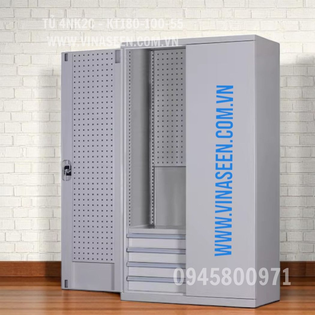 Tủ đựng dụng cụ đồ nghề 4 ngăn kéo 2 cánh, màu xanh - xám, đặt cố định.