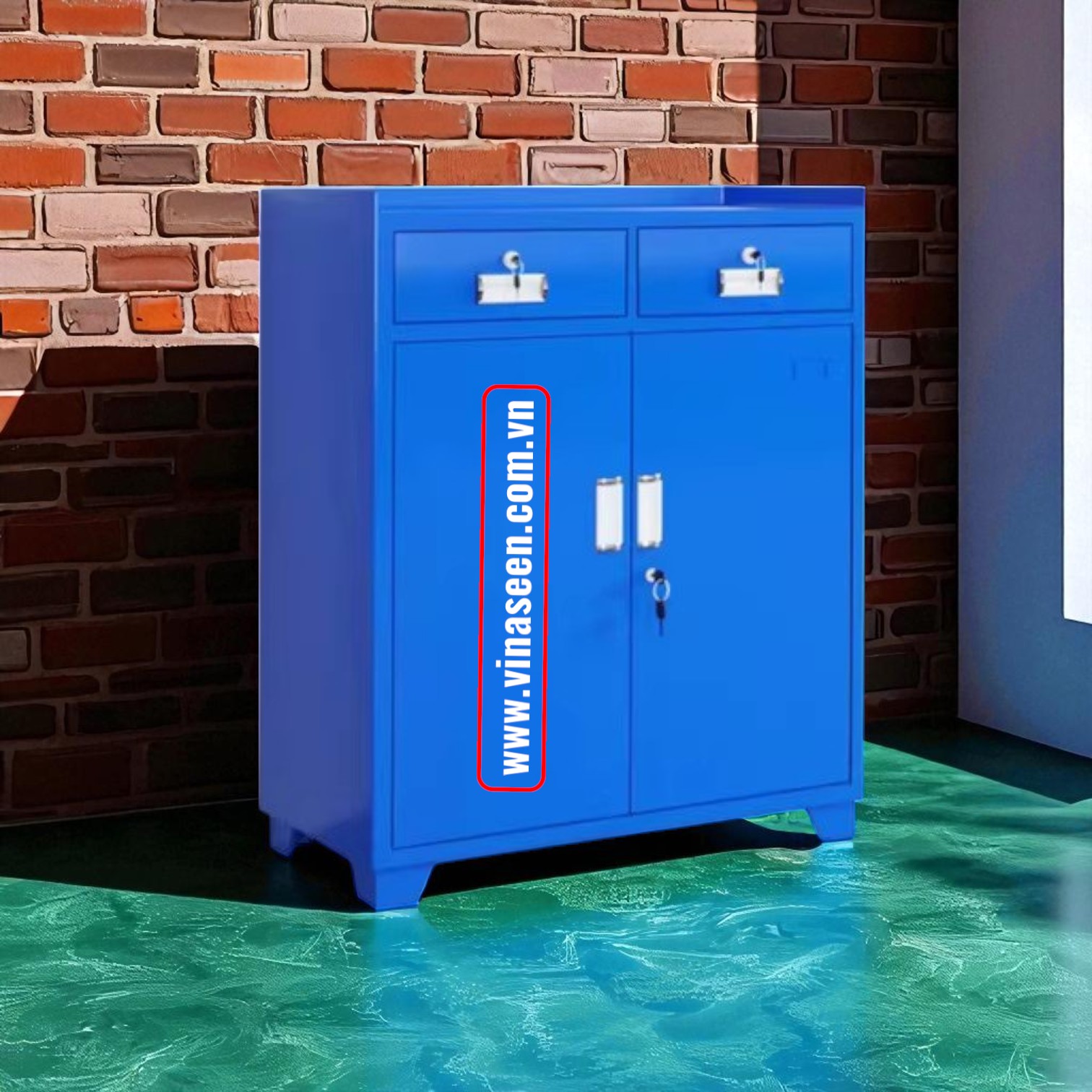 Tủ đựng dụng cụ đồ nghề 2 ngăn kéo 2 cánh, màu xanh, đặt cố định.