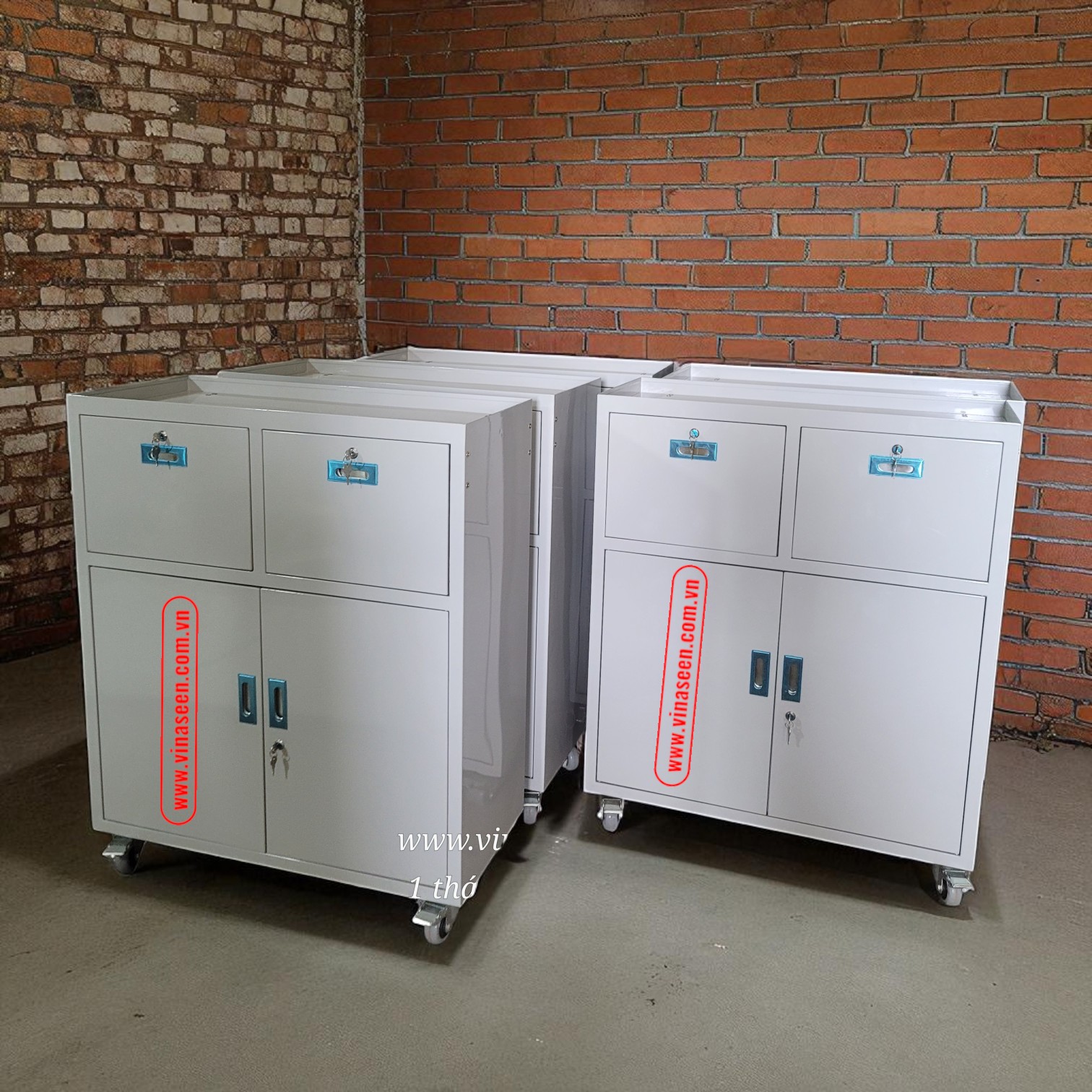 Tủ đựng dụng cụ đồ nghề 2 ngăn kéo 2 cánh, màu xám trắng.