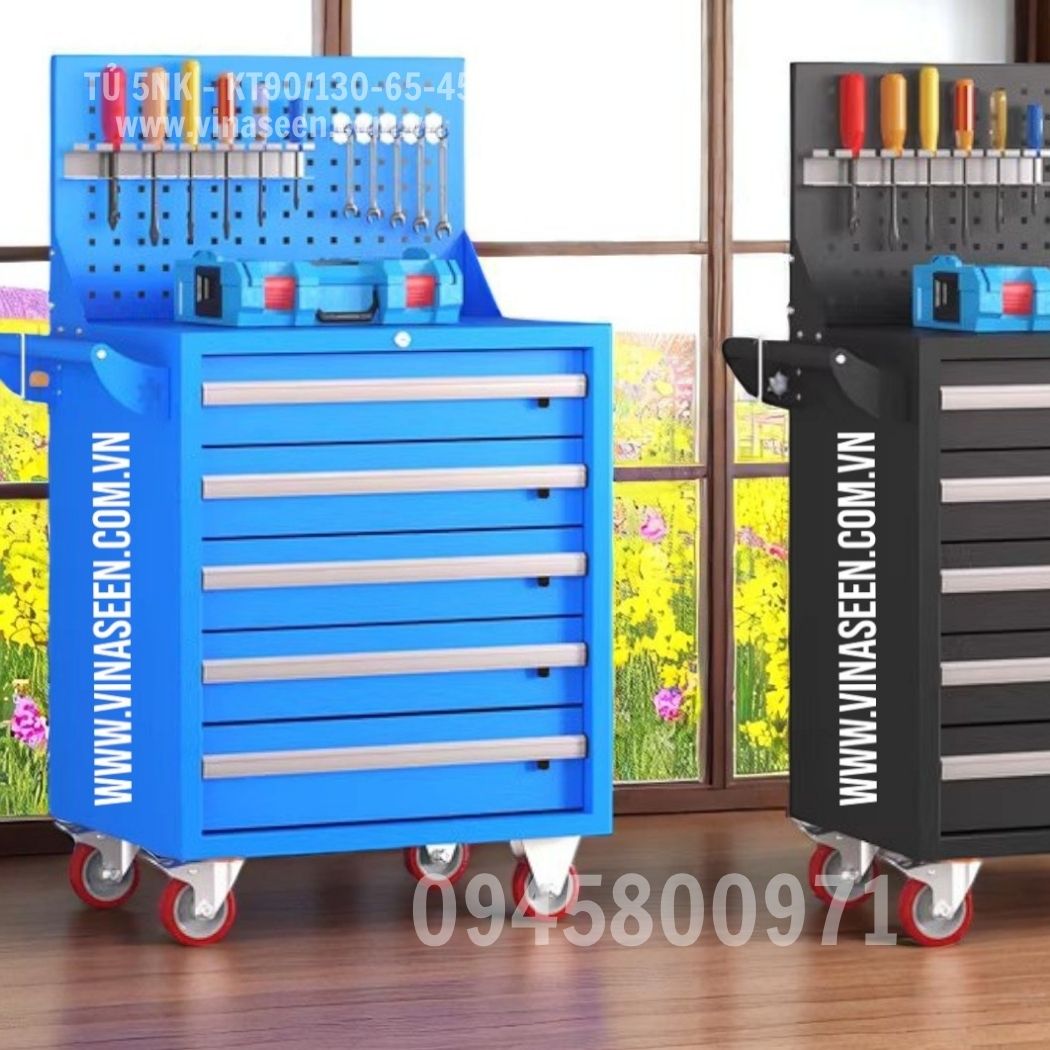 Tủ đựng dụng cụ đồ nghề 5 ngăn kéo, có vách treo dụng cụ và bánh xe di chuyển.