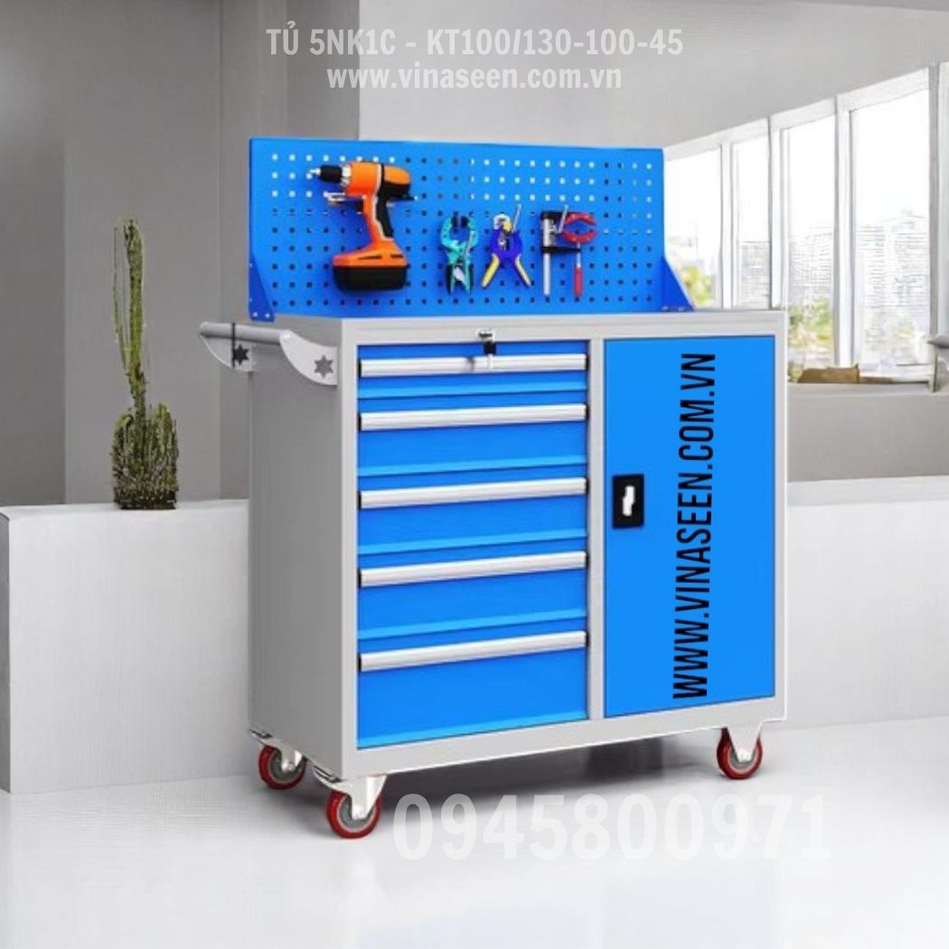 Tủ đựng dụng cụ đồ nghề 5 ngăn kéo 1 cánh, màu xanh - xám, Có vách treo dụng cụ và có bánh xe di chuyển.