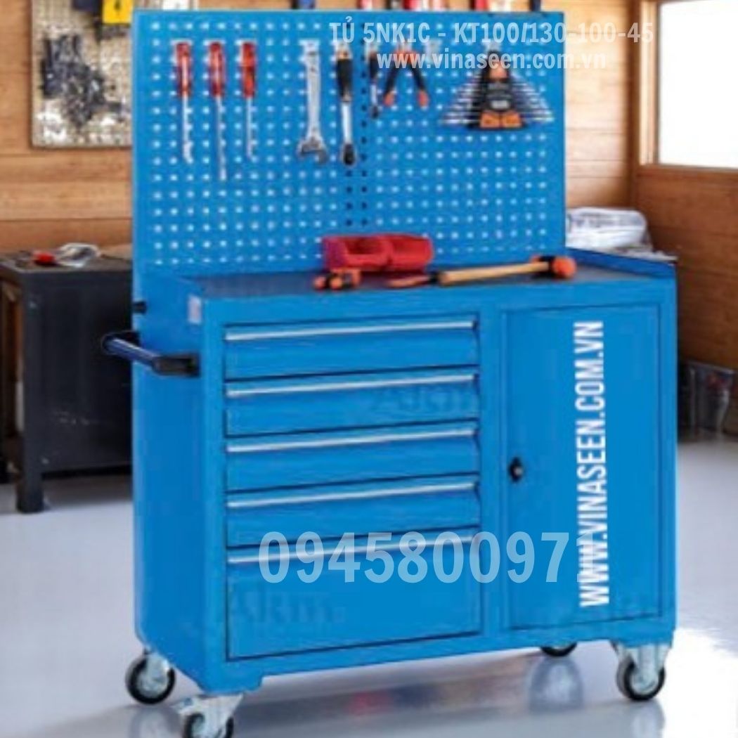 Tủ đựng dụng cụ đồ nghề 5 ngăn kéo 1 cánh, màu xanh - xám, Có vách treo dụng cụ và có bánh xe di chuyển.